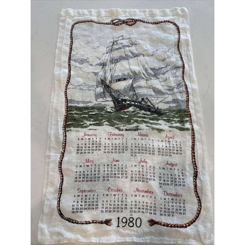 VTG Linen Tea Towels‎ Lot 2 Calendar 1980-81 Winter Country & Clipper Ship